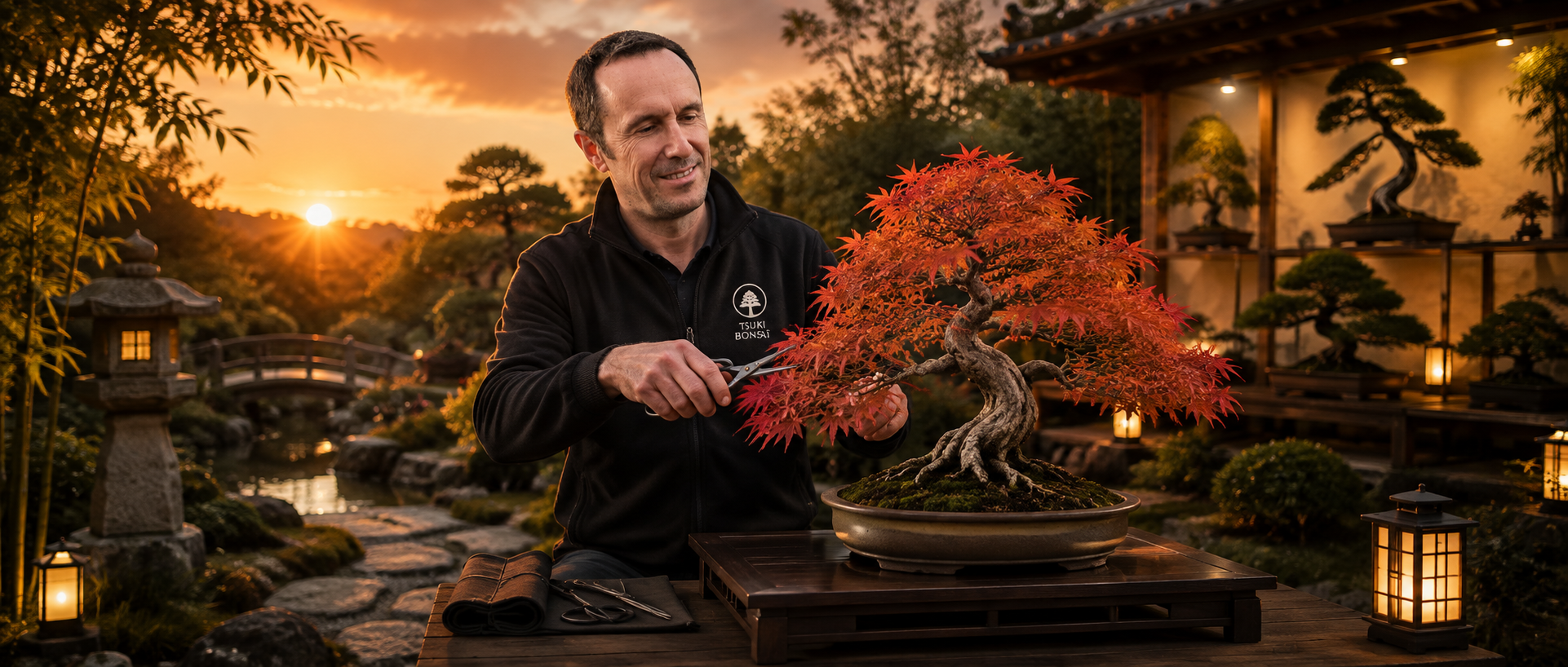 Thomas travaillant un érable japonais dans un jardin japonais